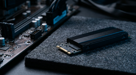 SSD NVMe posé près d'une carte mère sur fond sombre