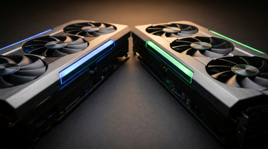 Deux cartes graphiques gaming côte à côte sur une surface sombre avec éclairage studio bleu et vert