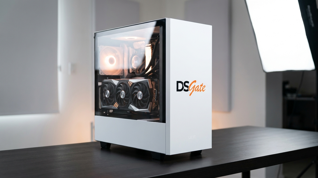 PC gamer DSGate blanc avec panneau latéral en verre trempé et éclairage RGB orange en studio