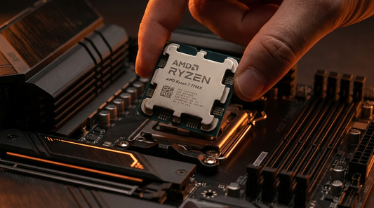 Processeur AMD Ryzen tenu au-dessus d'une carte mère