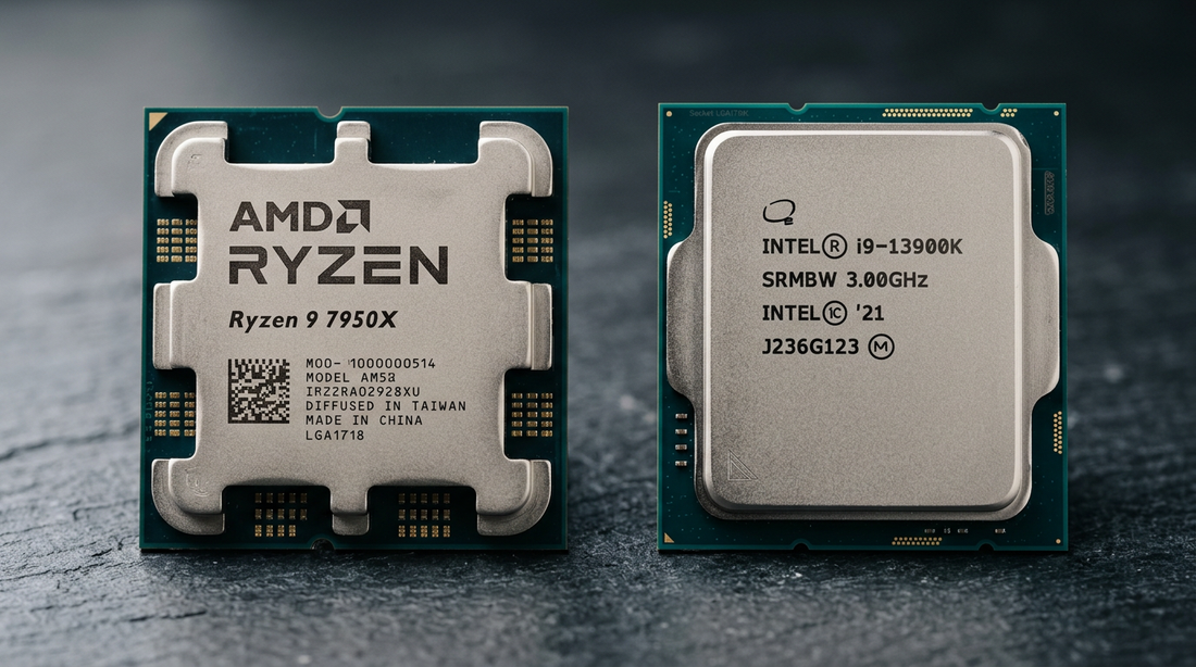 Deux processeurs AMD et Intel côte à côte sur surface sombre