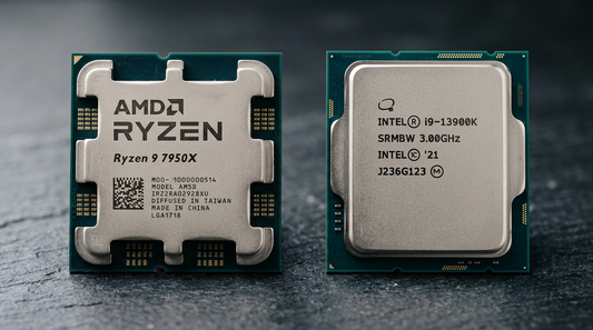 Deux processeurs AMD et Intel côte à côte sur surface sombre