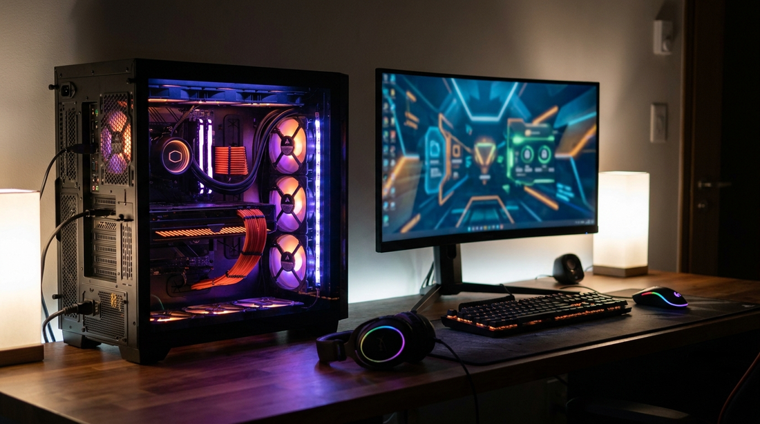 PC gamer avec éclairage RGB et écran de réglages