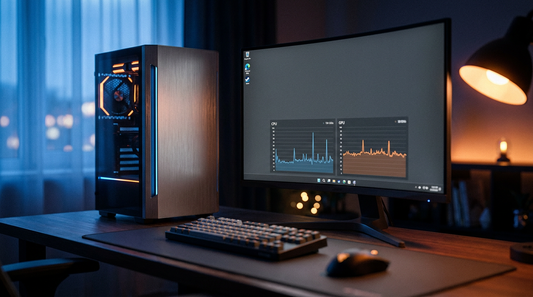 PC gamer assemblé sur un bureau avec écran dans une ambiance sombre