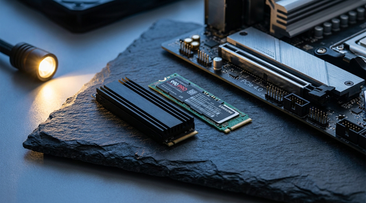 SSD NVMe posés sur une surface ardoise sombre près d'une carte mère