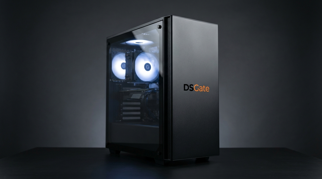 PC gamer DSGate en boîtier noir vitré, éclairage studio, logo DSGate visible en façade