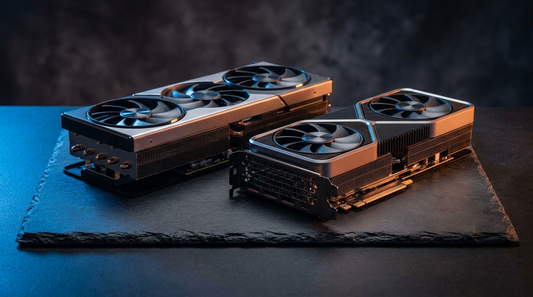 Deux cartes graphiques gaming côte à côte sur une surface sombre, éclairage studio