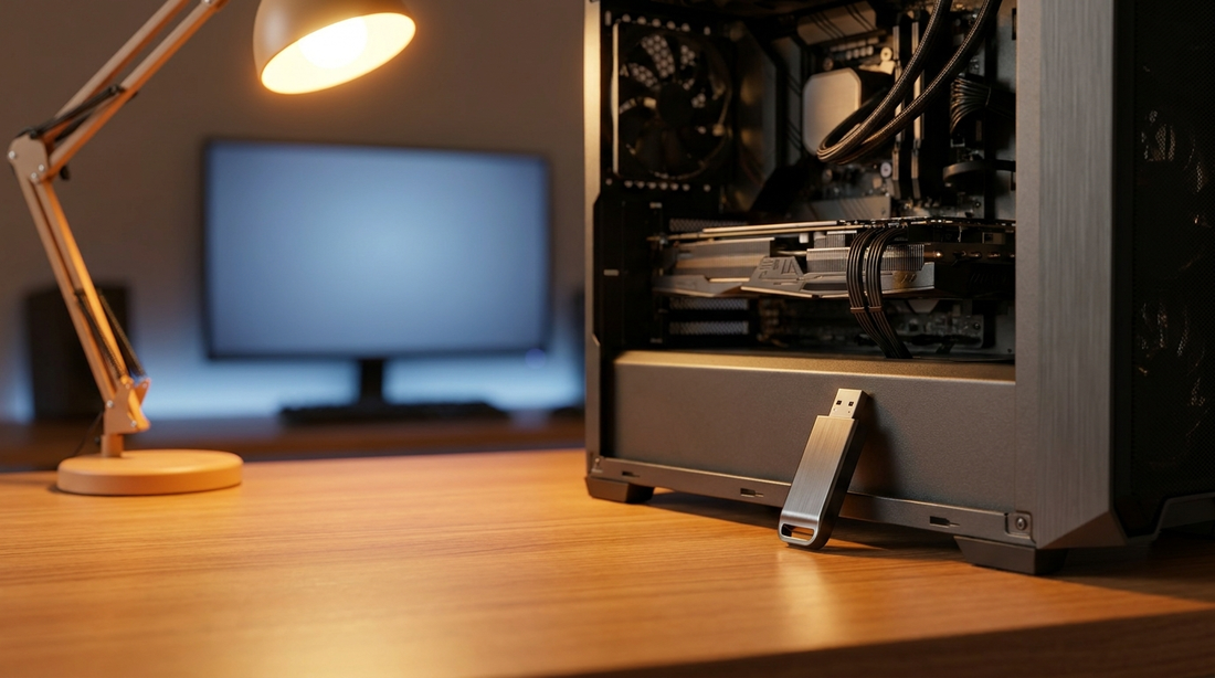 Boîtier PC ouvert sur un bureau avec un écran en arrière-plan