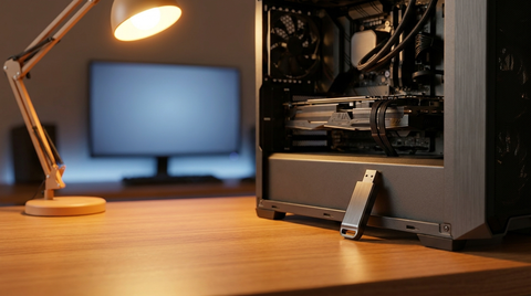 Boîtier PC ouvert sur un bureau avec un écran en arrière-plan