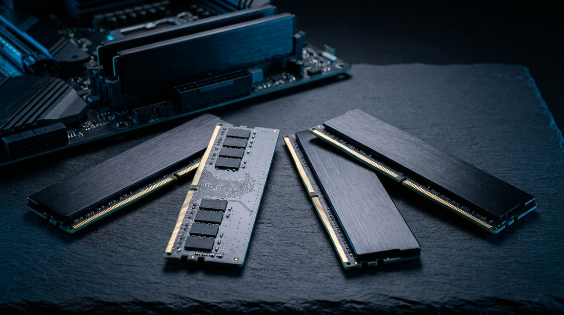 Barrettes de mémoire DDR4 et DDR5 posées sur une surface sombre devant une carte mère