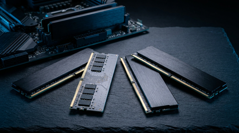 Barrettes de mémoire DDR4 et DDR5 posées sur une surface sombre devant une carte mère