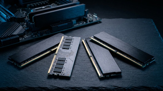 Barrettes de mémoire DDR4 et DDR5 posées sur une surface sombre devant une carte mère