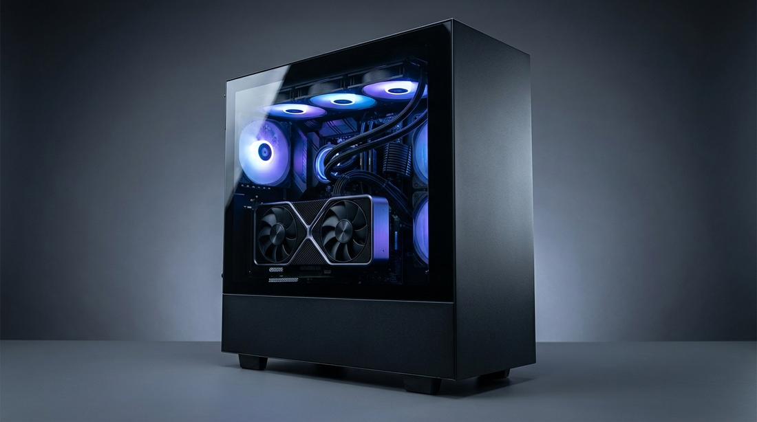 PC gamer de bureau avec panneau vitré et ventilateurs RGB photographié en studio