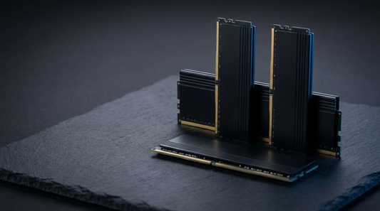 Barrettes de mémoire vive avec dissipateurs noirs sur une surface en ardoise sombre