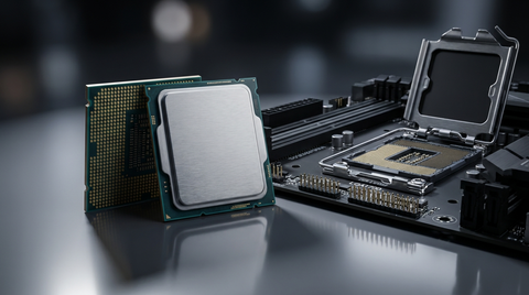 Deux processeurs Intel LGA1700 posés à côté d'une carte mère, éclairage studio