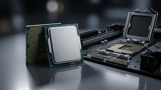Deux processeurs Intel LGA1700 posés à côté d'une carte mère, éclairage studio