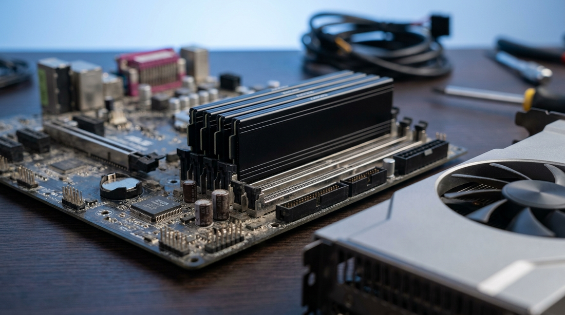 Carte mère avec barrettes de RAM DDR5 et carte graphique, éclairage bleu