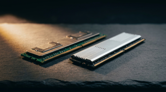 Barrettes de mémoire RAM DDR4 et DDR5 sur surface ardoise sombre