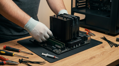 Montage d'un PC gamer sur un plan de travail avec carte mère, ventirad et RAM installés