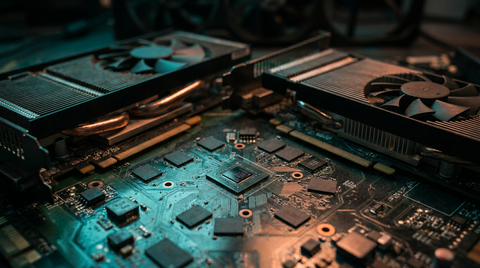 Cartes graphiques et puces de mémoire sur un circuit imprimé sombre