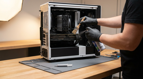 Dépoussiérage d'un PC gamer avec pinceau et air comprimé