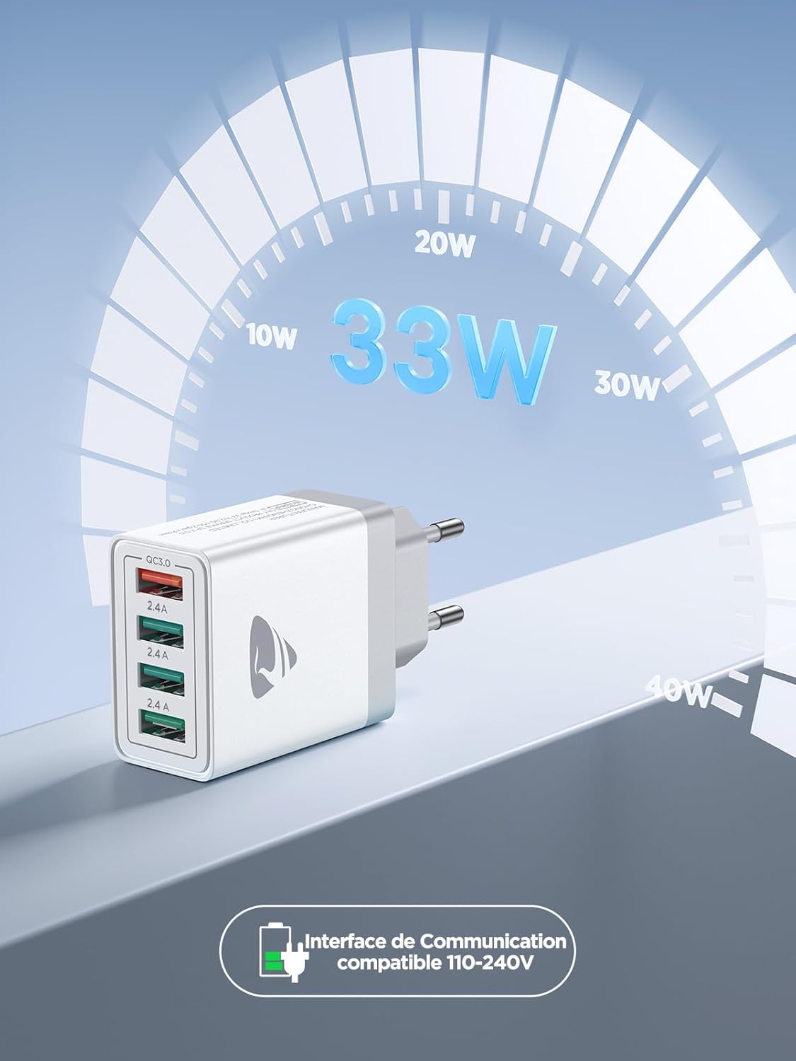 Aioneus Chargeur USB, Prise Charge Rapide QC 3.0 de 33W, 4-Port
