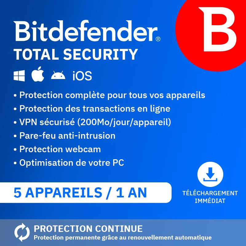 Bitdefender Total Security 2026 - 5 appareils - 1 an - Licence par e-mail