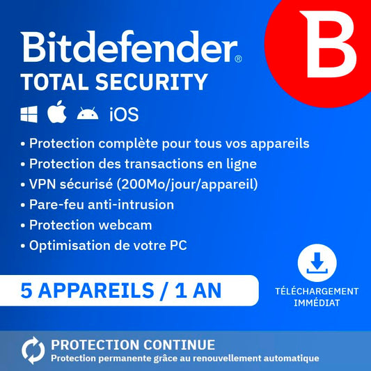 Bitdefender Total Security 2026 - 5 appareils - 1 an - Licence par e-mail