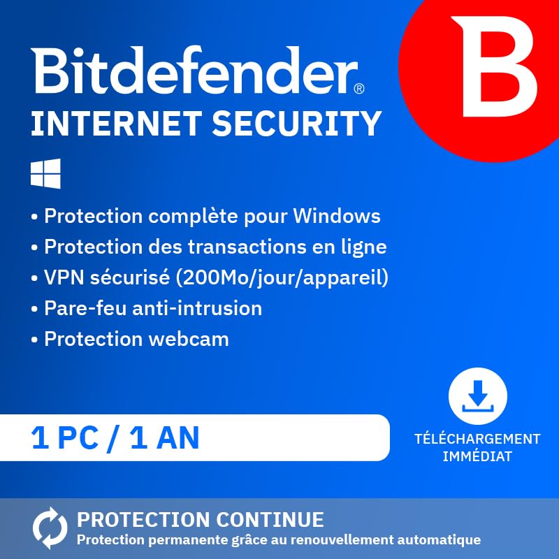 Bitdefender Internet Security 2026 - 1 PC - 1 an - Licence par e-mail