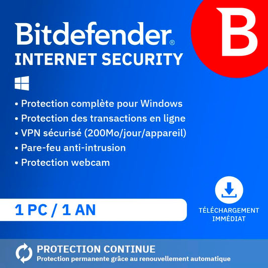 Bitdefender Internet Security 2026 - 1 PC - 1 an - Licence par e-mail