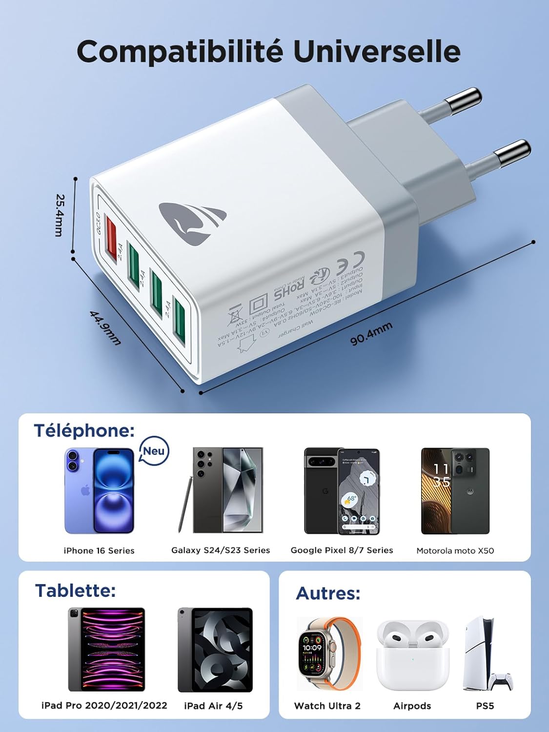 Aioneus Chargeur USB, Prise Charge Rapide QC 3.0 de 33W, 4-Port