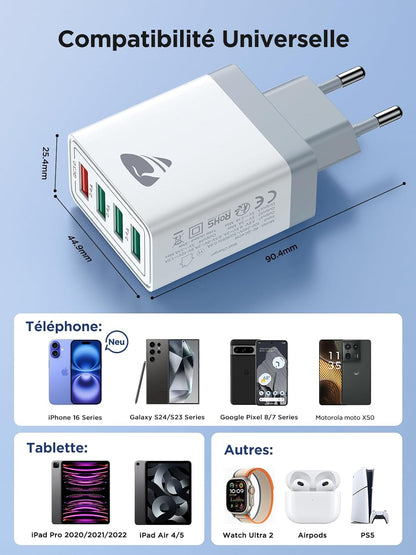 Aioneus Chargeur USB, Prise Charge Rapide QC 3.0 de 33W, 4-Port