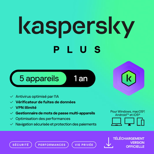 Kaspersky Plus 2026 - 5 appareils - 1 an - Licence par e-mail