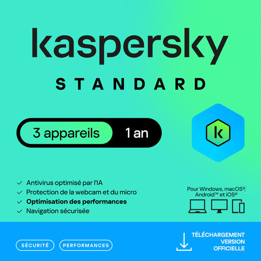 Kaspersky Standard 2026 - 3 appareils - 1 an - Licence par e-mail