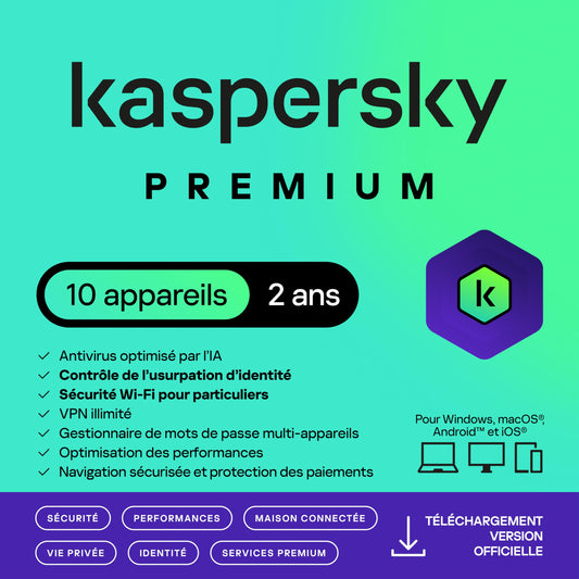 Kaspersky Premium 2026 - 10 appareils - 2 ans - Licence par e-mail
