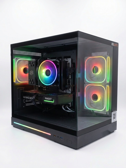 PC Gamer DSGate Cloud V monté dans notre atelier - boîtier compact format cube, ventilation RGB