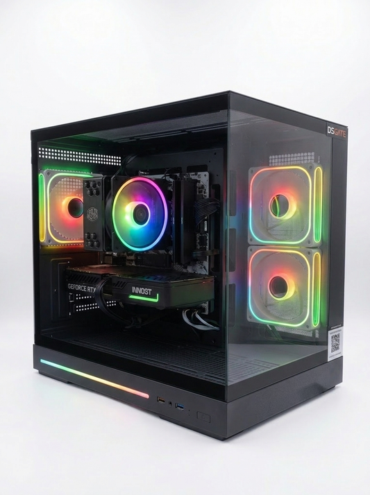 PC Gamer DSGate Cloud V monté dans notre atelier - boîtier compact format cube, ventilation RGB
