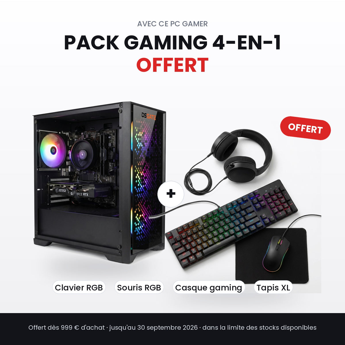 Pack gaming 4-en-1 offert avec ce PC : clavier RGB, souris RGB, casque gaming et tapis XL, dès 999 € d'achat