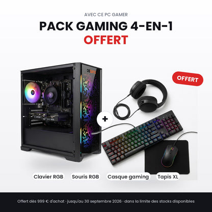 Pack gaming 4-en-1 offert avec ce PC : clavier RGB, souris RGB, casque gaming et tapis XL, dès 999 € d'achat