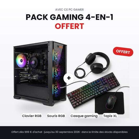 Pack gaming 4-en-1 offert avec ce PC : clavier RGB, souris RGB, casque gaming et tapis XL, dès 999 € d'achat