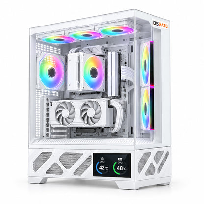 Visuel d'illustration – PC gamer DSGate en boîtier Xigmatek Alphard Pro blanc avec écran 6 pouces