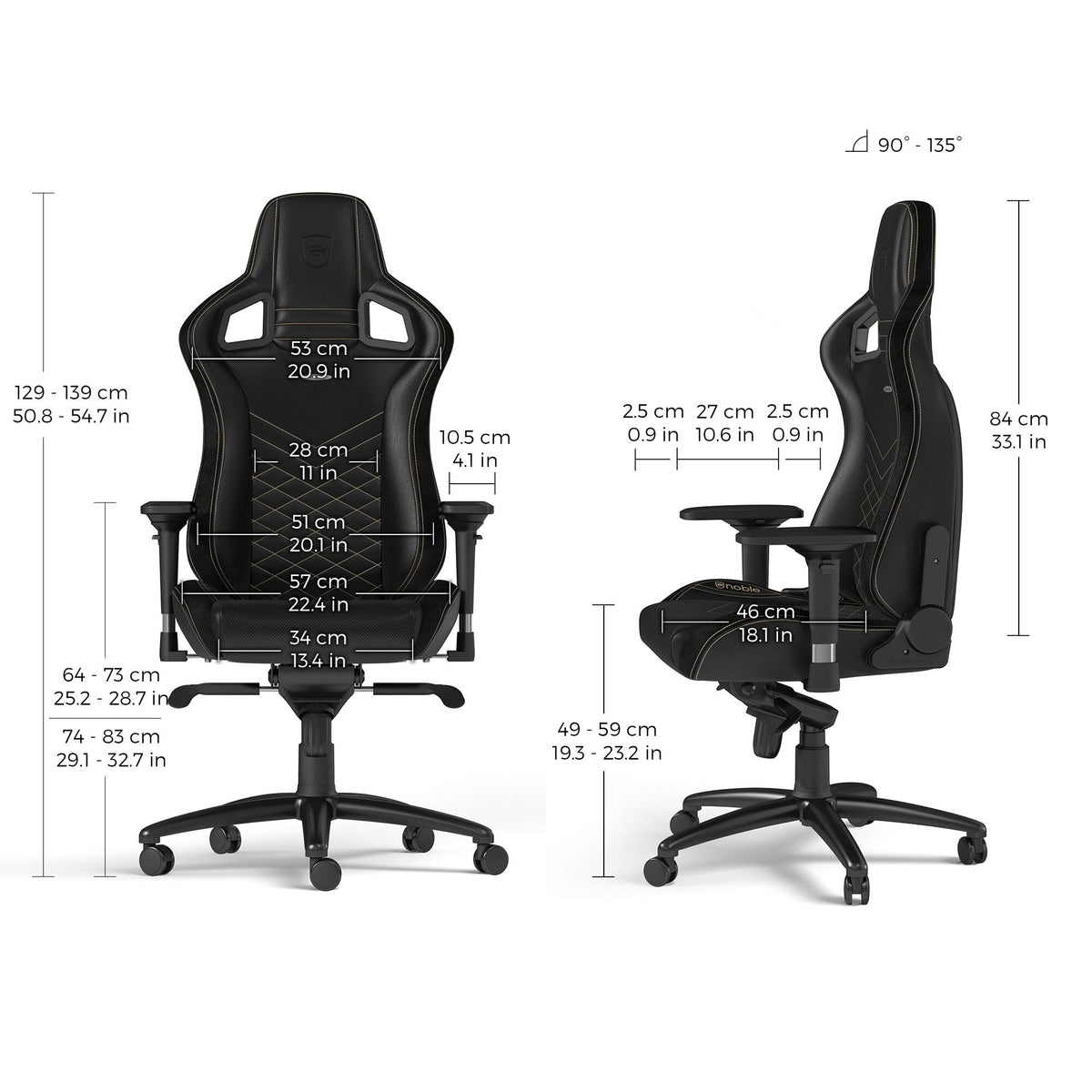 Fauteuil gaming noblechairs EPIC - similicuir PU, accoudoirs 4D, inclinable 135° (Noir/Or) - vue 4
