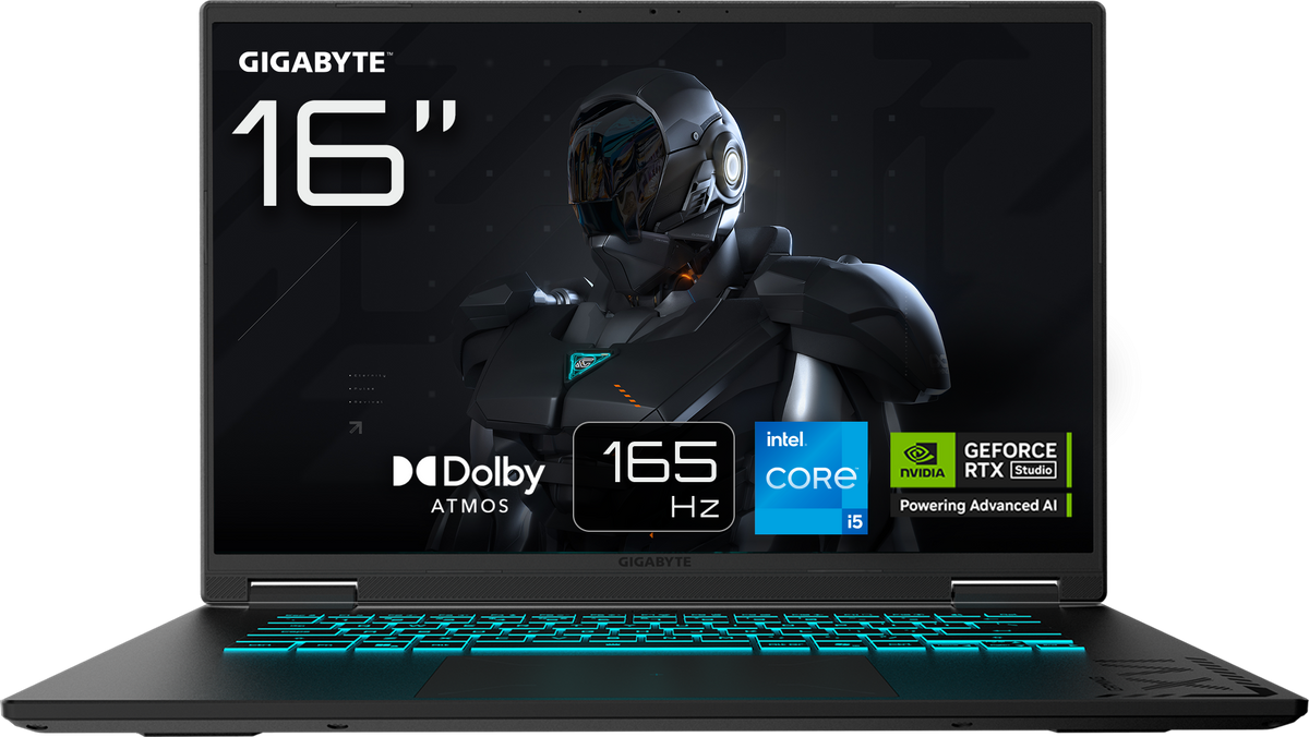 Gigabyte Gaming A16 RTX 5060 - vue de face, écran 16 pouces 165 Hz