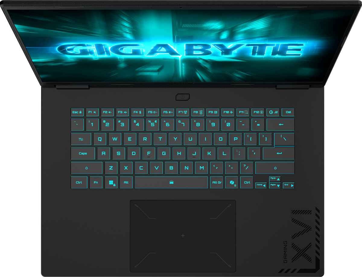 Gigabyte Gaming A16 RTX 5070 - vue de dessus, clavier rétroéclairé