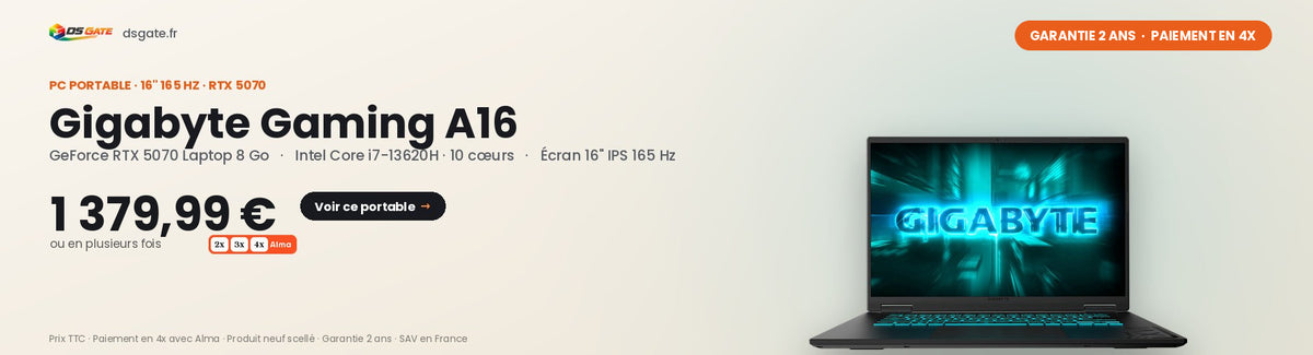 PC portable gamer Gigabyte Gaming A16 : RTX 5070 Laptop 8 Go, Core i7-13620H, écran 16 pouces 165 Hz, 16 Go DDR5, SSD 1 To, 1 379,99 € — neuf, garantie 2 ans, 4x sans frais