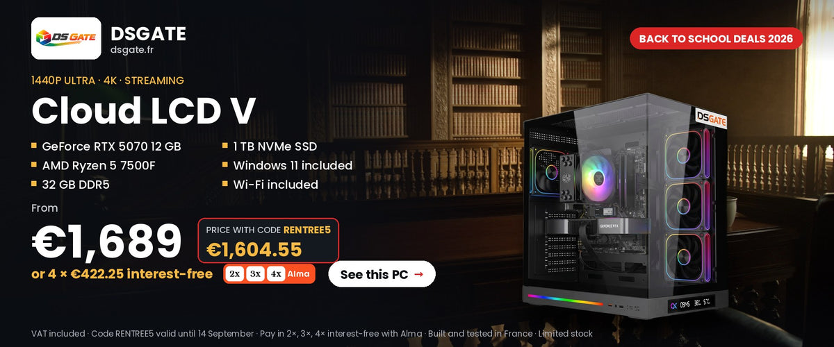 Back to school deals 2026 — DSGate Cloud LCD V gaming PC: RTX 5070, Ryzen 5 7500F, 32 GB DDR5, from €1,689, €1,604.55 with code RENTREE5