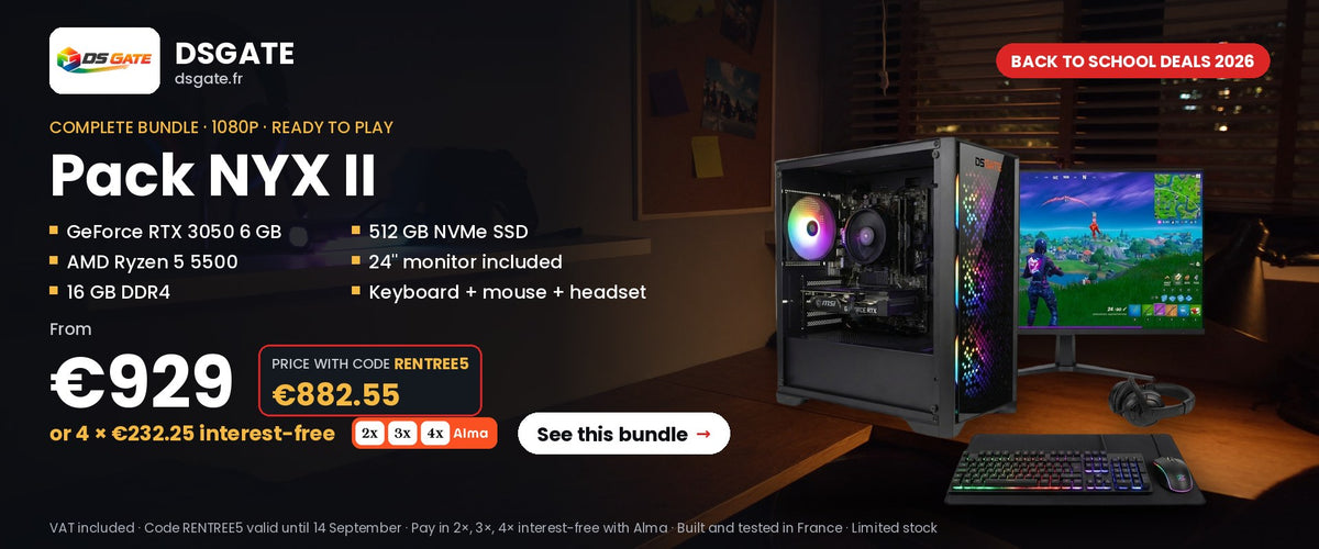 Back to school deals 2026 — DSGate NYX II bundle: RTX 3050, Ryzen 5 5500, 24-inch monitor and combo, from €929, €882.55 with code RENTREE5