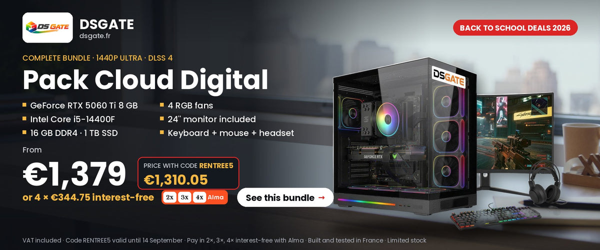 Back to school deals 2026 — DSGate Cloud Digital bundle: RTX 5060 Ti, Core i5-14400F, 4 RGB fans, 24-inch monitor and combo, from €1,379, €1,310.05 with code RENTREE5