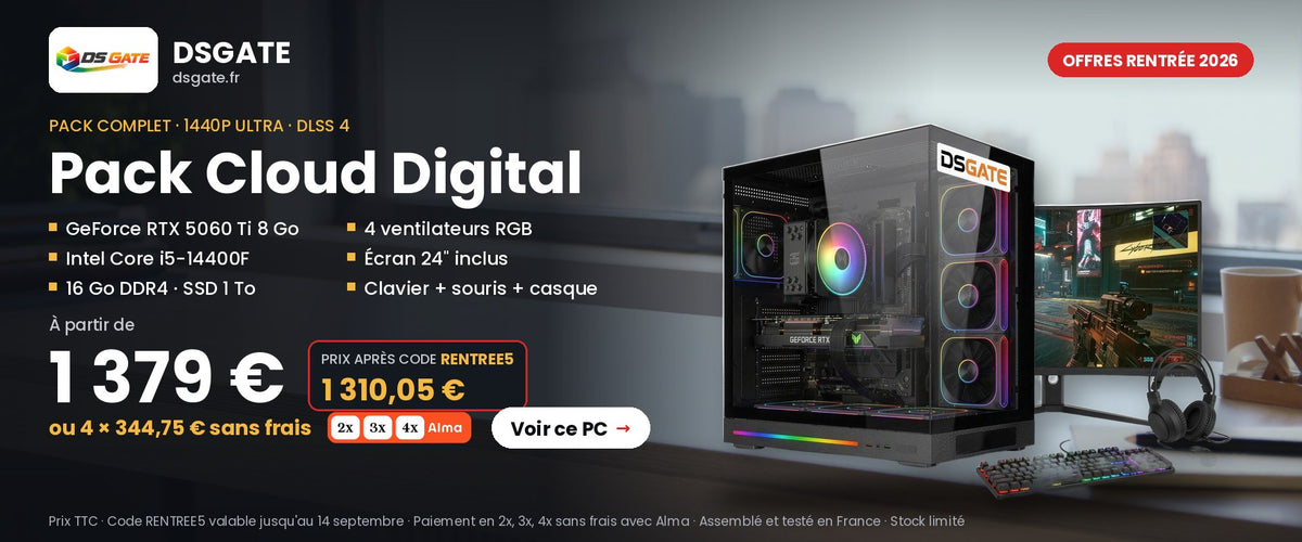 Offres rentrée 2026 — Pack DSGate Cloud Digital : RTX 5060 Ti, Core i5-14400F, 4 ventilateurs RGB, écran 24 pouces et combo, à partir de 1 379 €, 1 310,05 € avec le code RENTREE5