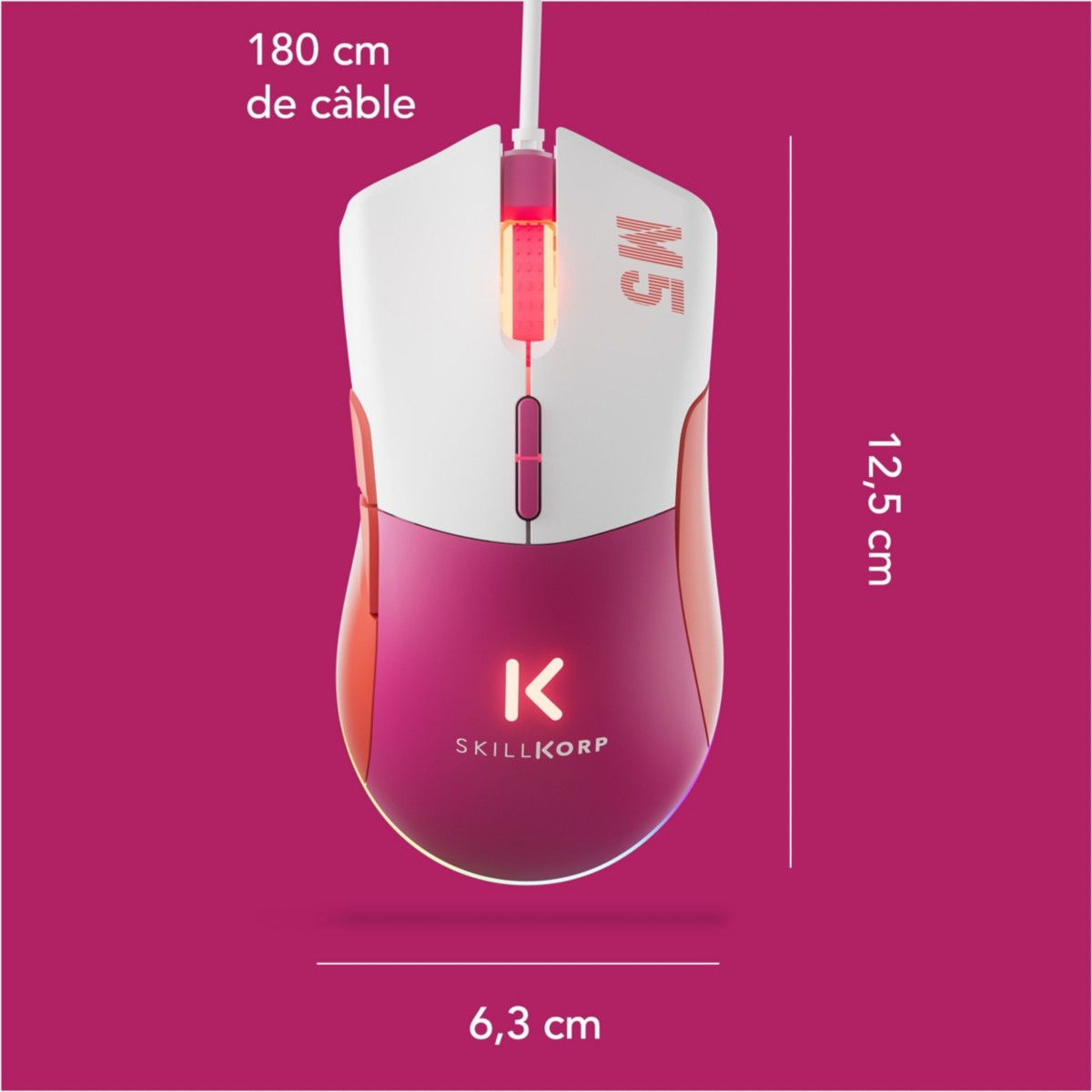 Souris gaming Skillkorp M5 ECO Magenta - dimensions 12,5 x 6,3 cm, câble 180 cm
